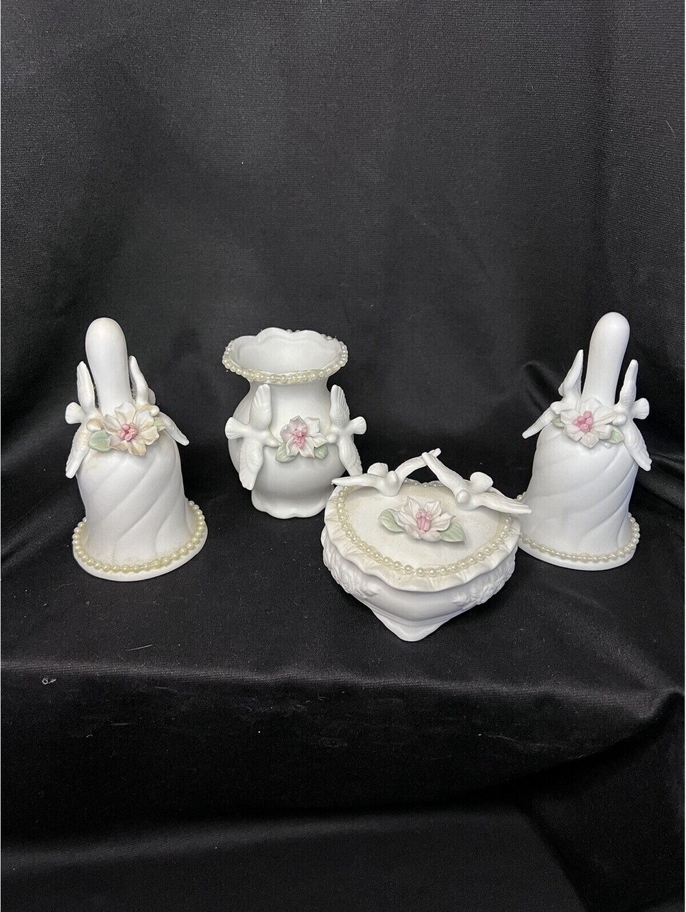 Ceramic Trinket Box, Bells, Base: Doves, Flowers - Valentine's or Wedding Day